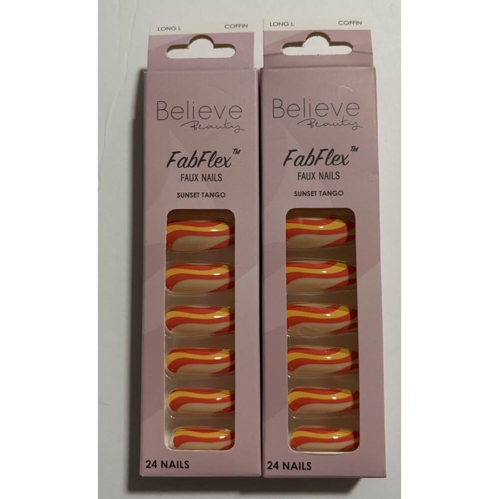 Believe Beauty FabFlex Faux Nails Sunset Tango Coffin Long 24 Nails Reusable